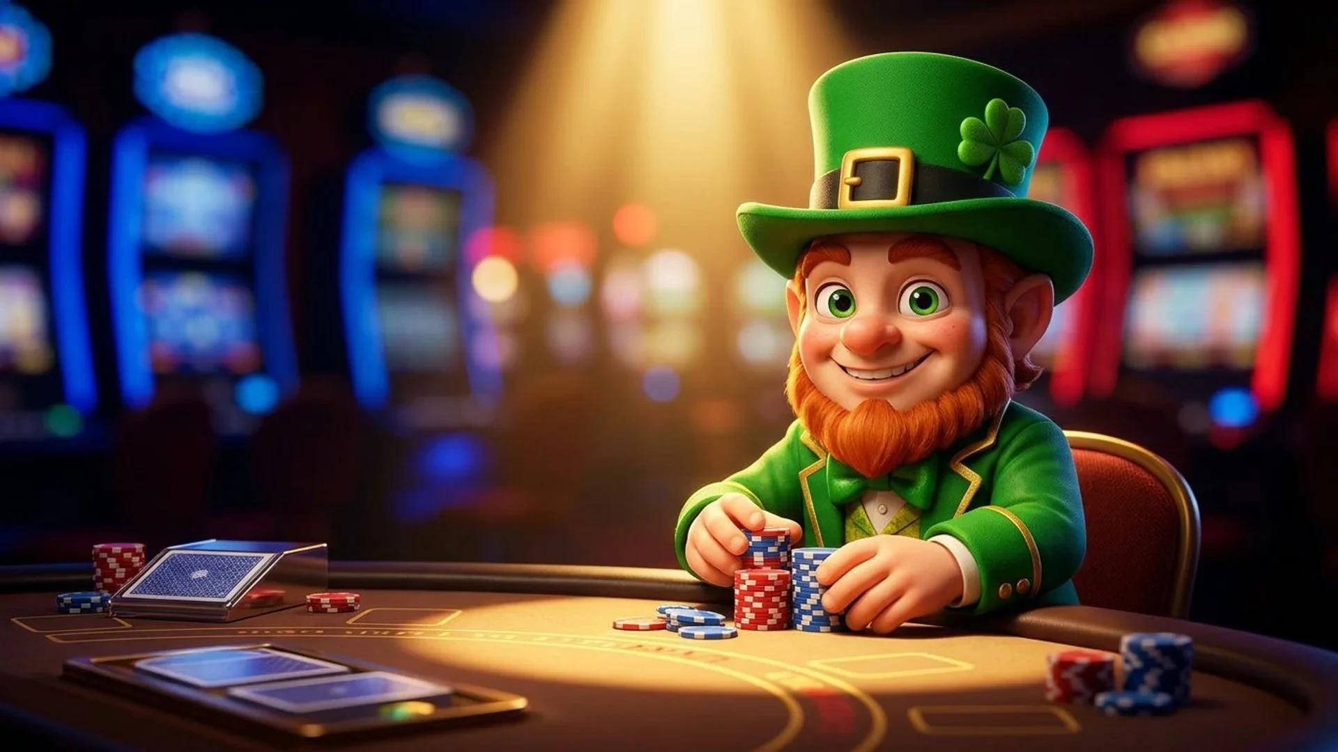 A vibrant mascot sitting at a poker table with chips and cards in a casino setting.