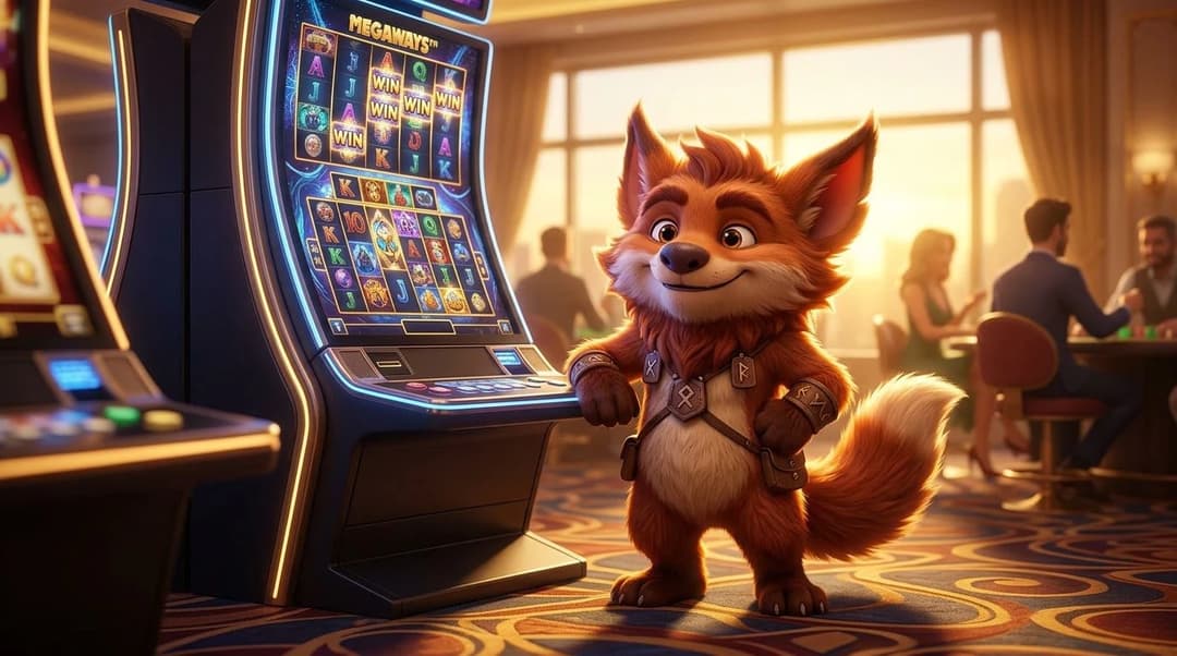 A NordicSpins mascot stands in front of a Megaways slot machine on a casino floor, illuminated by golden hour light.