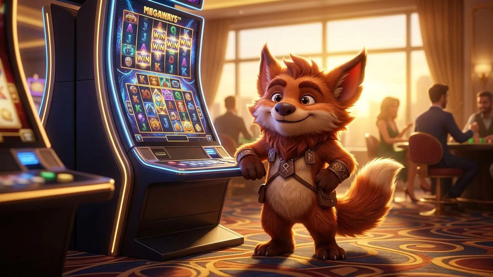 A NordicSpins mascot stands in front of a Megaways slot machine on a casino floor, illuminated by golden hour light.