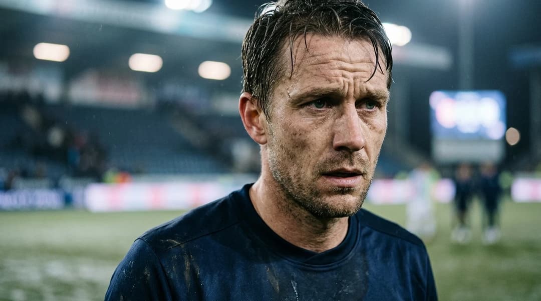 Close-up of a football player looking determined and fatigued after a match.