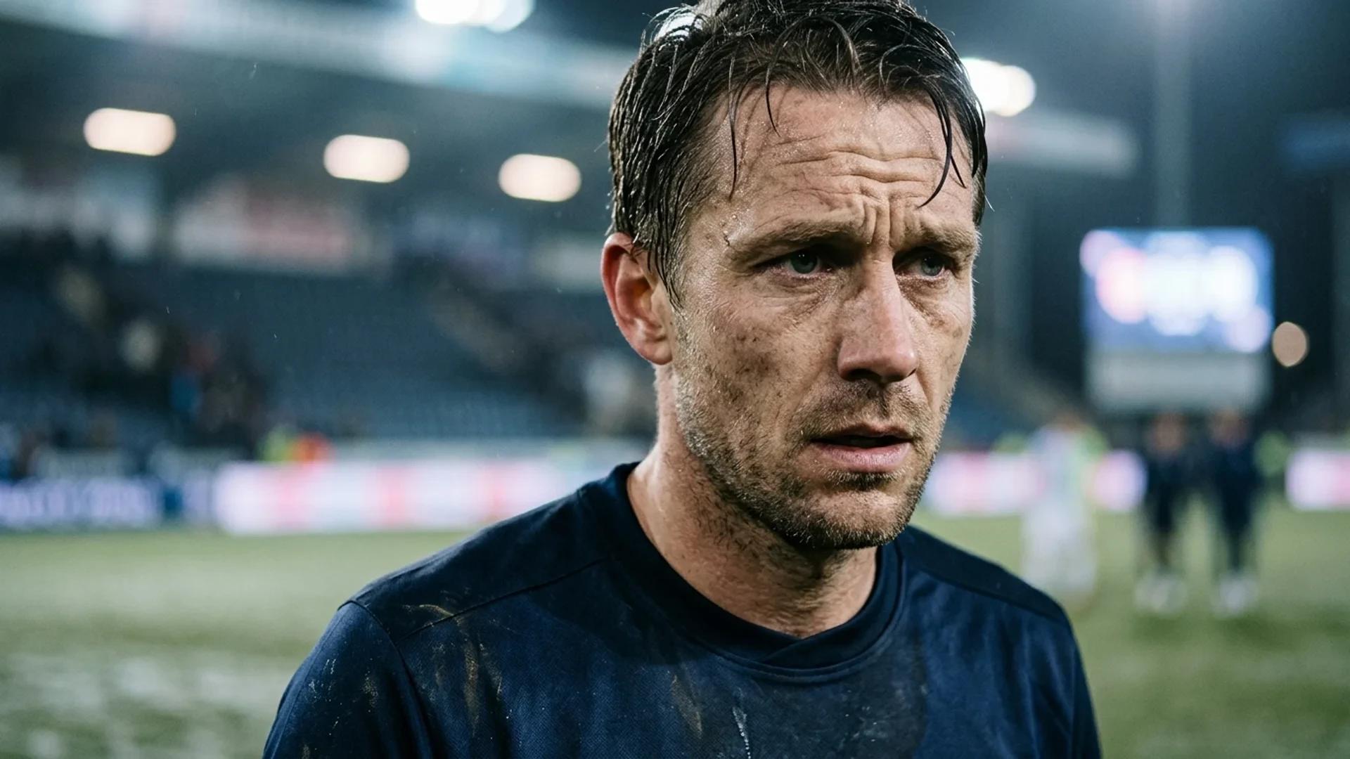 Close-up of a football player looking determined and fatigued after a match.