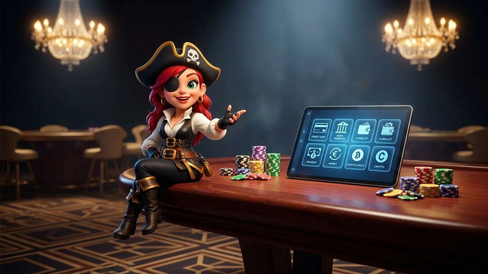 A colorful NordicSpins mascot playing at a casino table with gaming chips and a digital screen in a richly lit casino atmosphere.