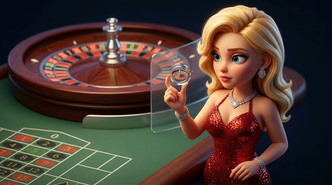 A NordicSpins mascot examines a glass token beside a roulette table, with a subtle shield reflection suggesting player protection.