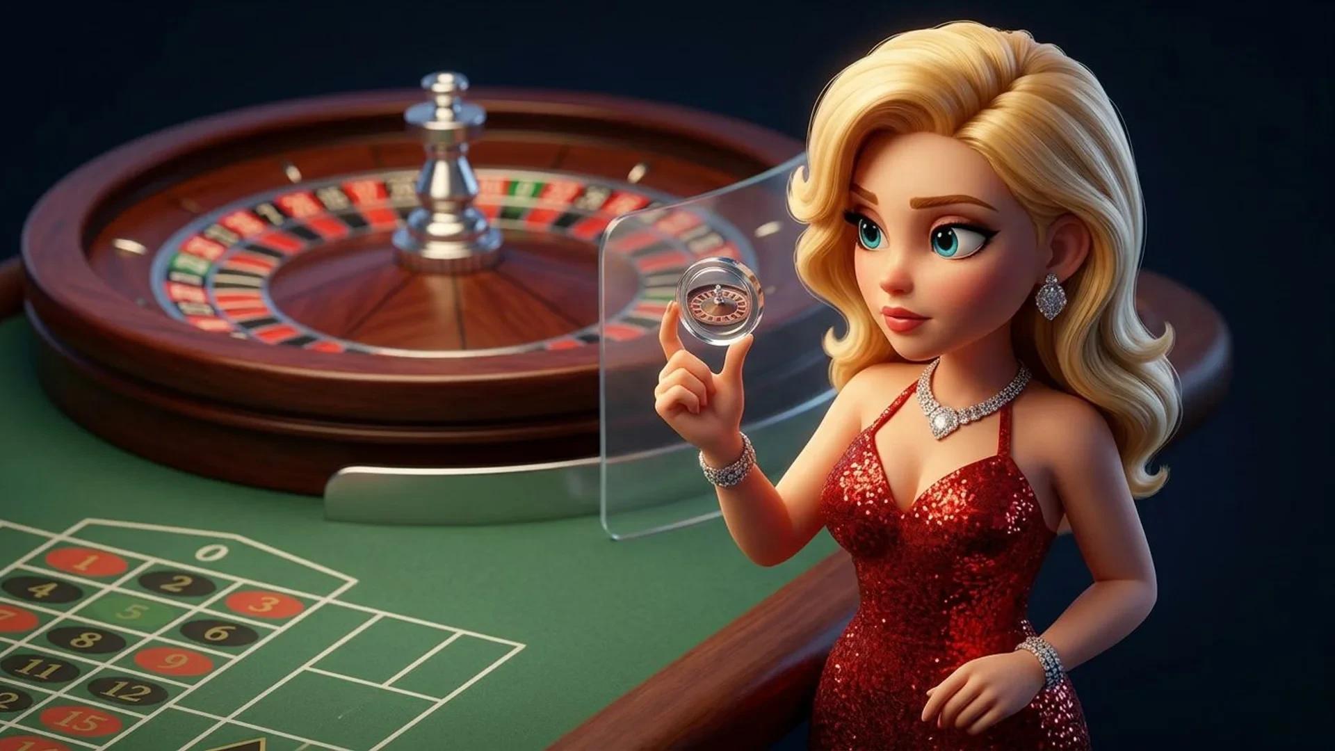 A NordicSpins mascot examines a glass token beside a roulette table, with a subtle shield reflection suggesting player protection.