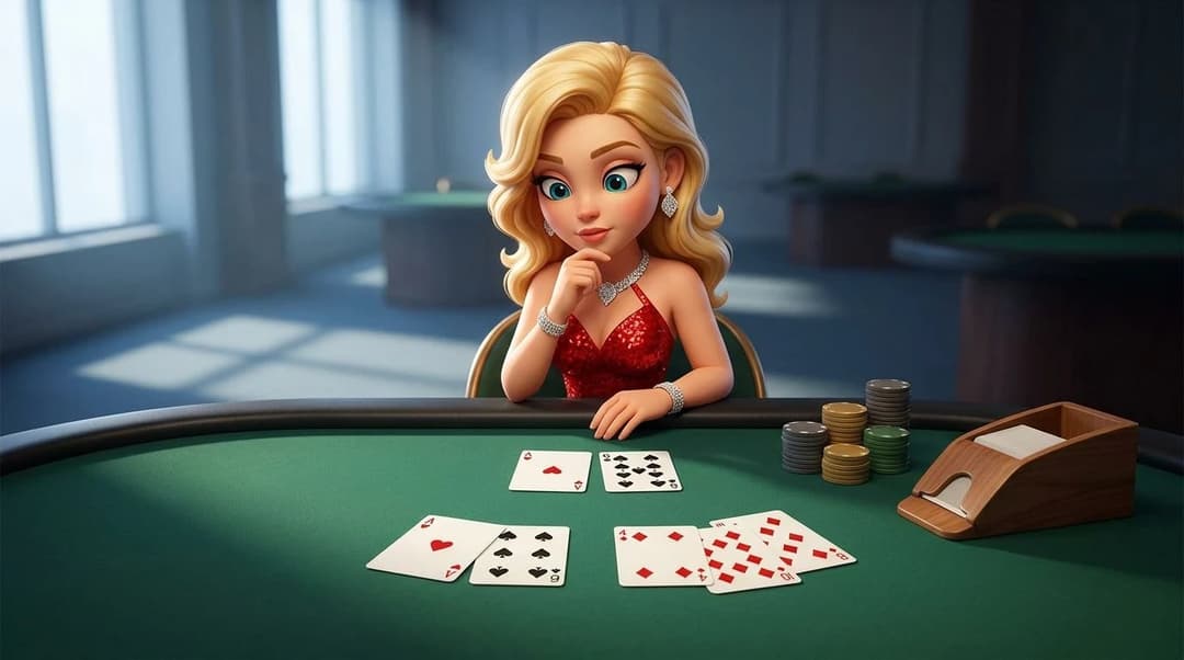 A NordicSpins mascot studies two groups of Blackjack cards at a green-felt table, with chips and a card shoe nearby.