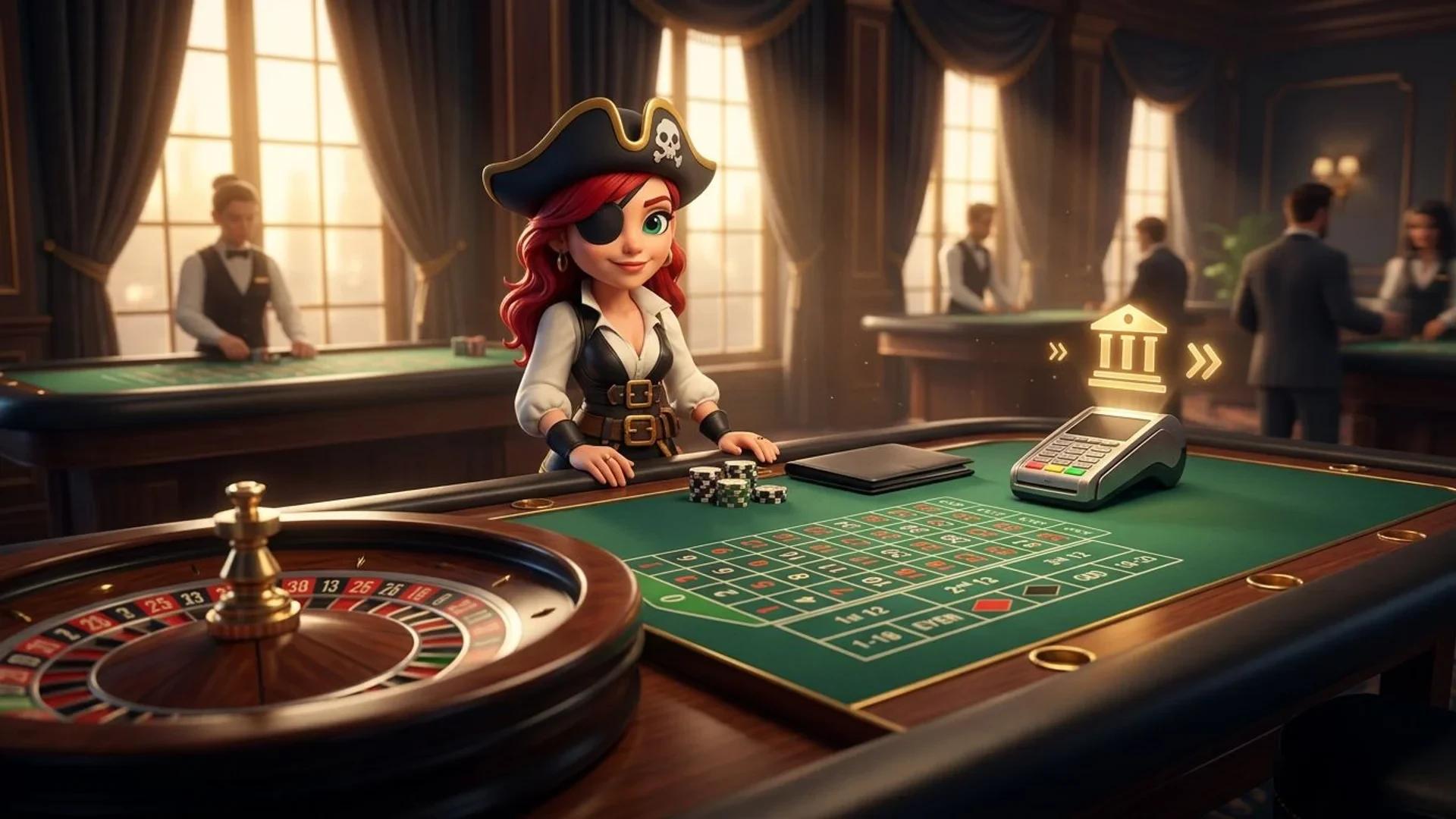 A NordicSpins mascot stands beside a roulette table as unmarked chips and payment objects suggest the steps involved in a delayed casino withdrawal.