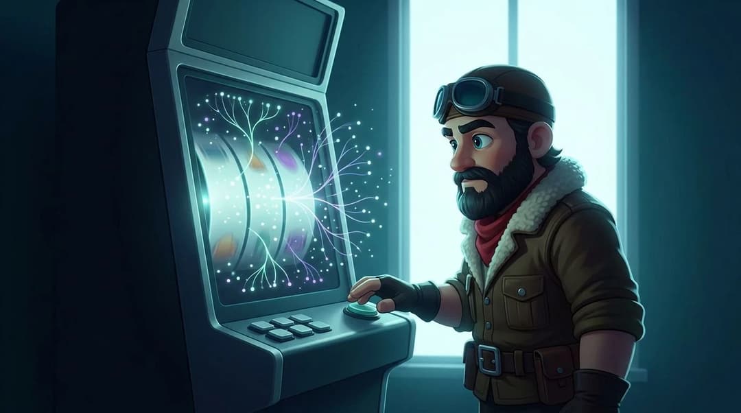A NordicSpins mascot studies an online slot machine as abstract light trails suggest the random technology behind its outcomes.