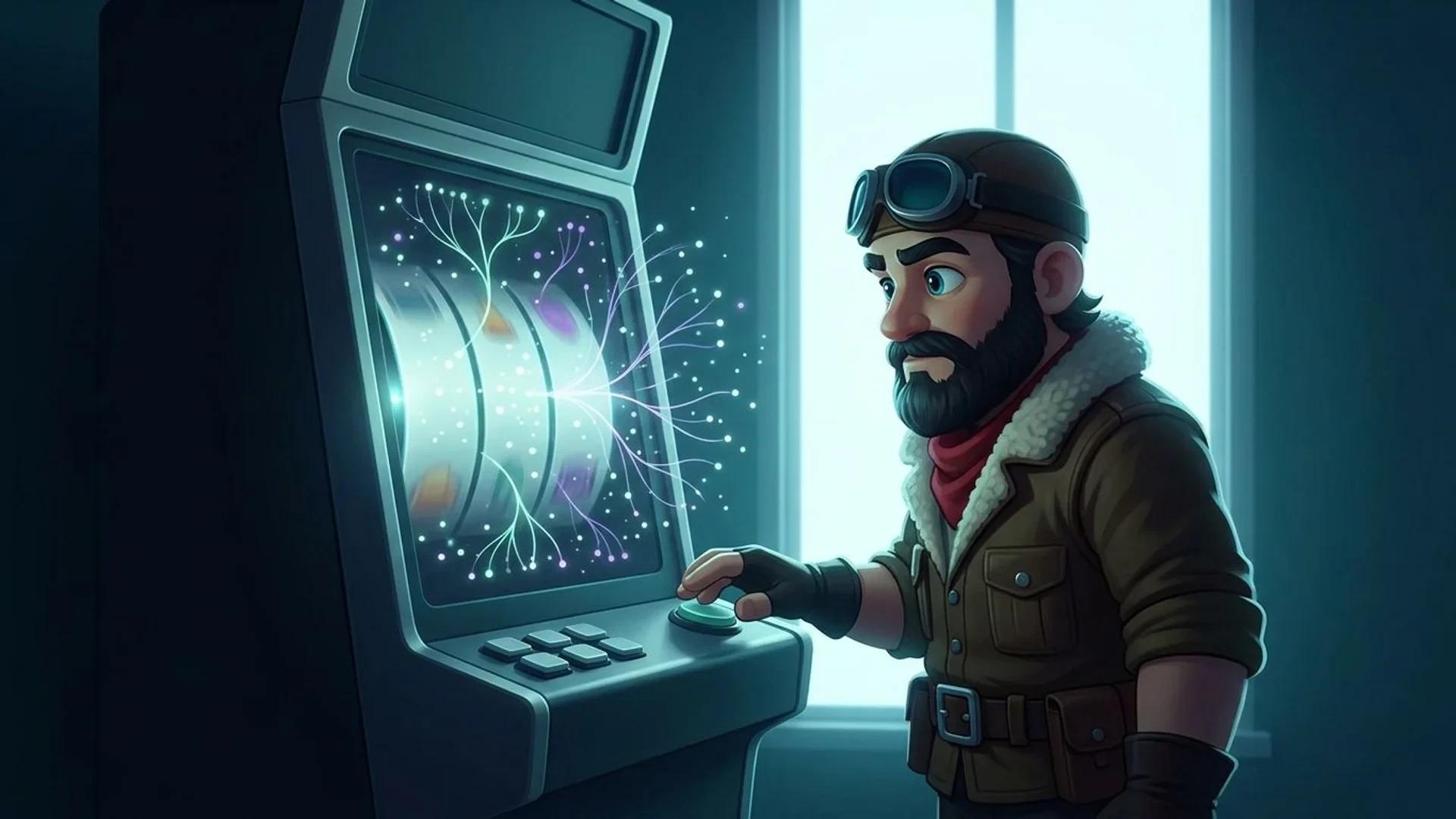 A NordicSpins mascot studies an online slot machine as abstract light trails suggest the random technology behind its outcomes.