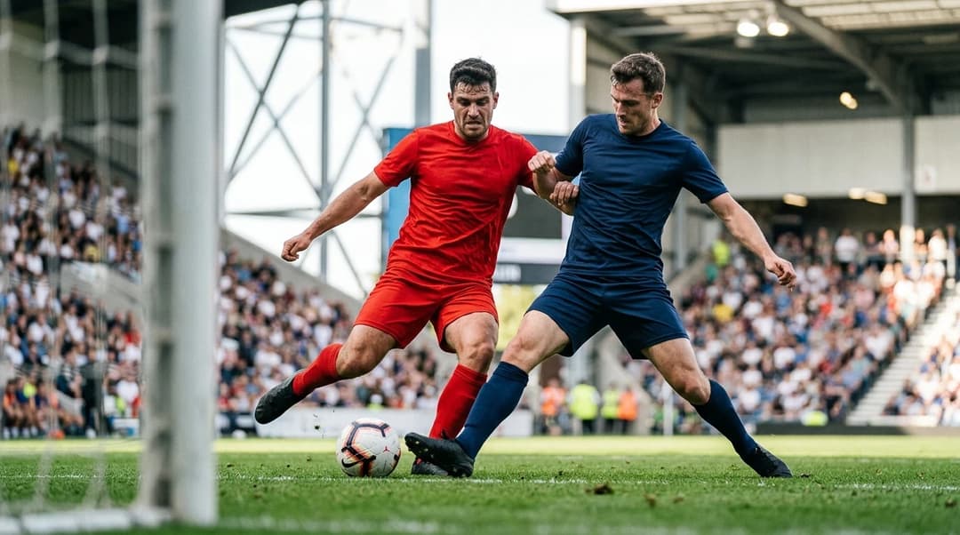 To fotballspillere i ulike, ensfargede drakter kjemper om ballen på en lys stadionbane.