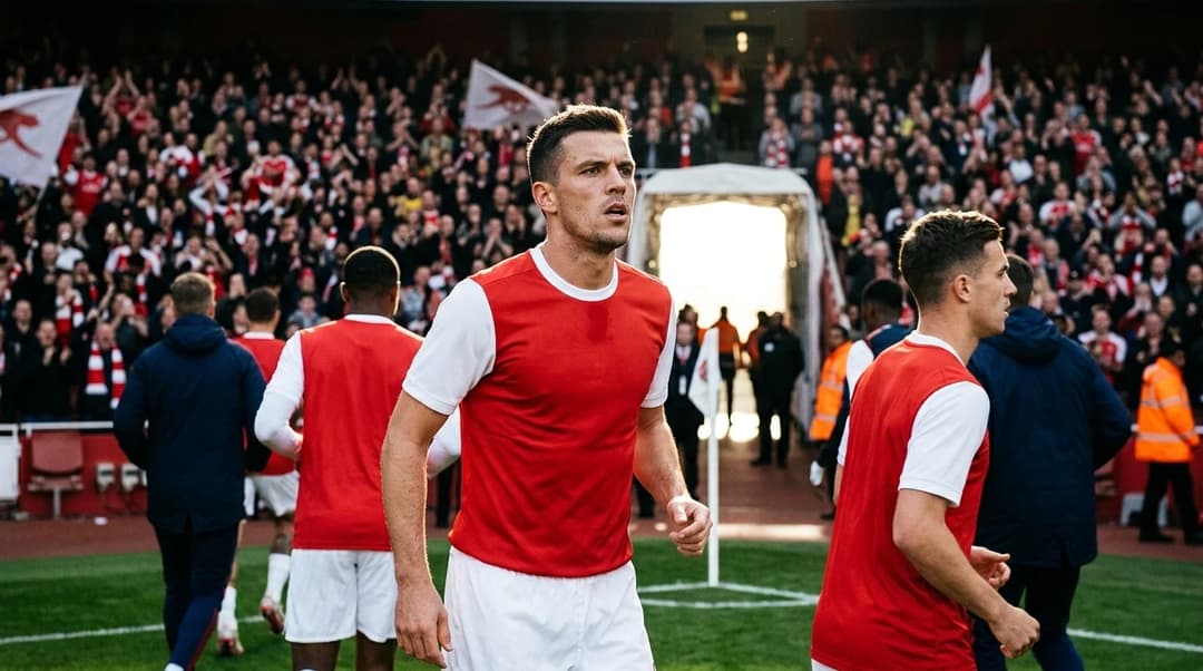En Arsenal-spiller står konsentrert i et solbelyst stadion med medspillere og tilskuere i bakgrunnen.