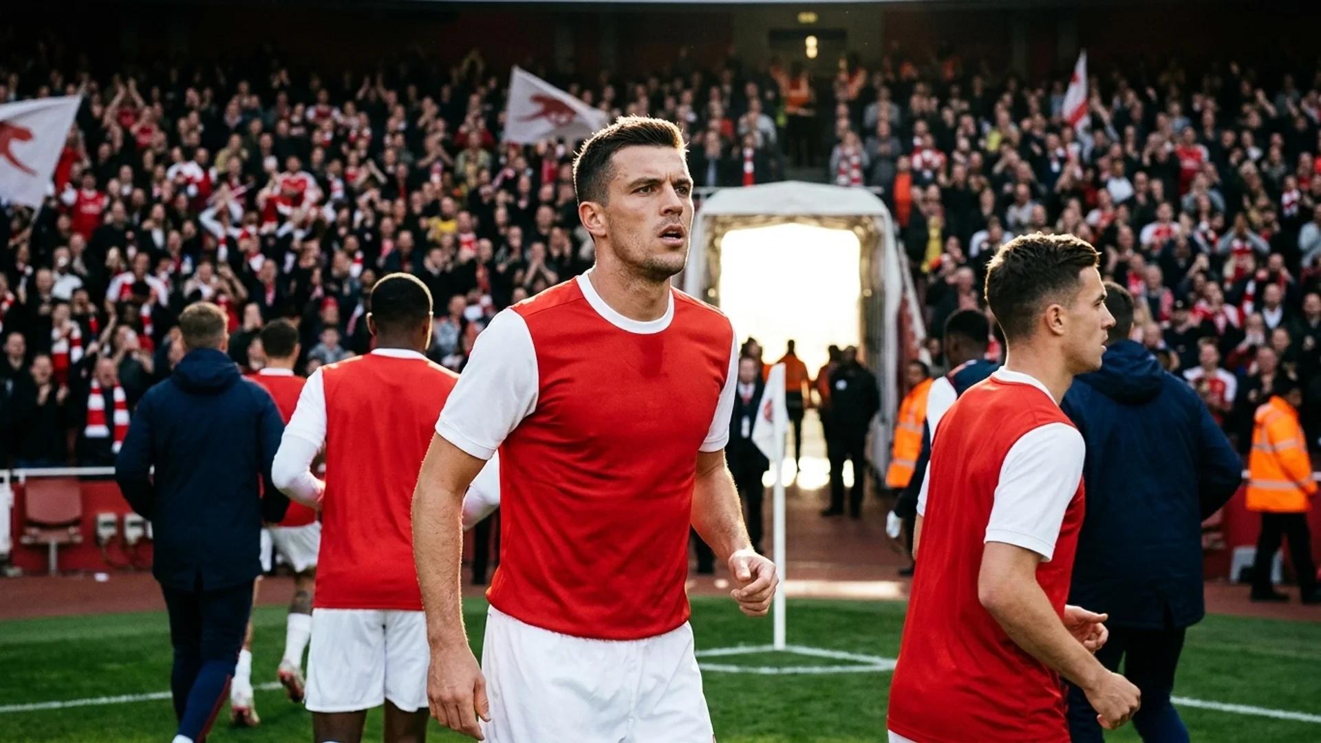 En Arsenal-spiller står konsentrert i et solbelyst stadion med medspillere og tilskuere i bakgrunnen.