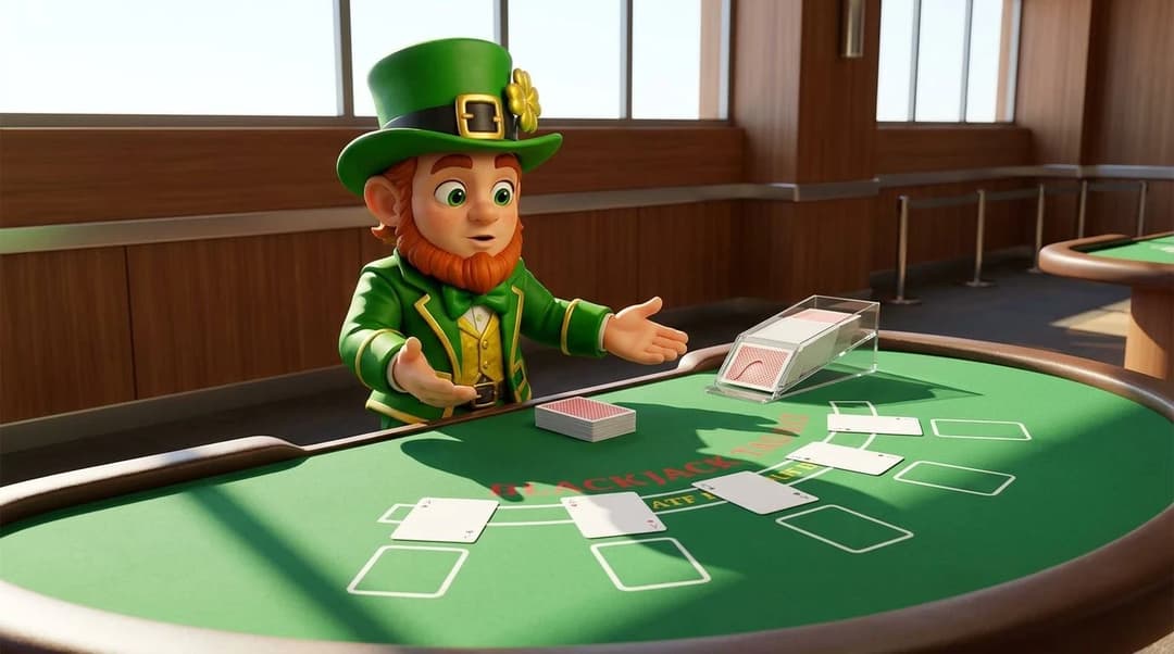 A NordicSpins mascot compares a single deck of cards with a multi-deck Blackjack shoe at a sunlit casino table.