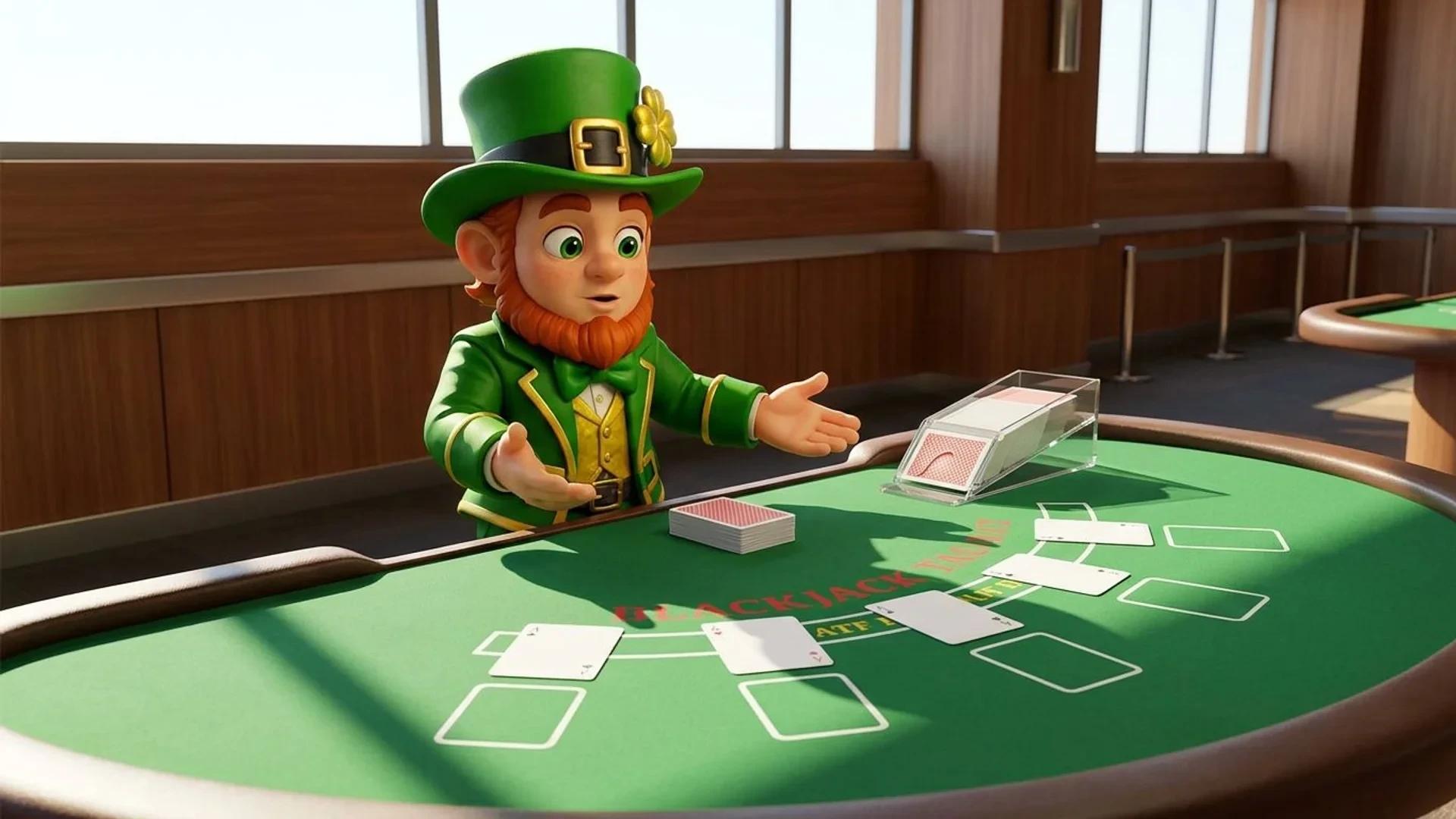 A NordicSpins mascot compares a single deck of cards with a multi-deck Blackjack shoe at a sunlit casino table.