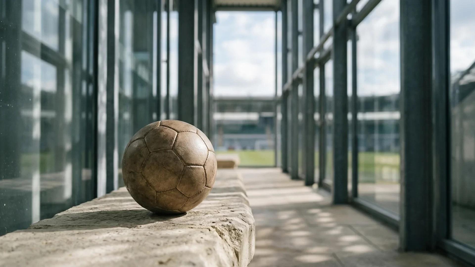 En umerket fotball ligger i et moderne glass- og stålkorridor med en uskarp fotballbane i bakgrunnen.