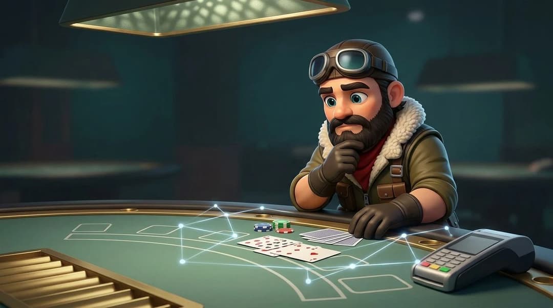 A NordicSpins mascot pauses beside a blackjack table, with a payment terminal and subtle glowing pathways suggesting secure casino transactions.