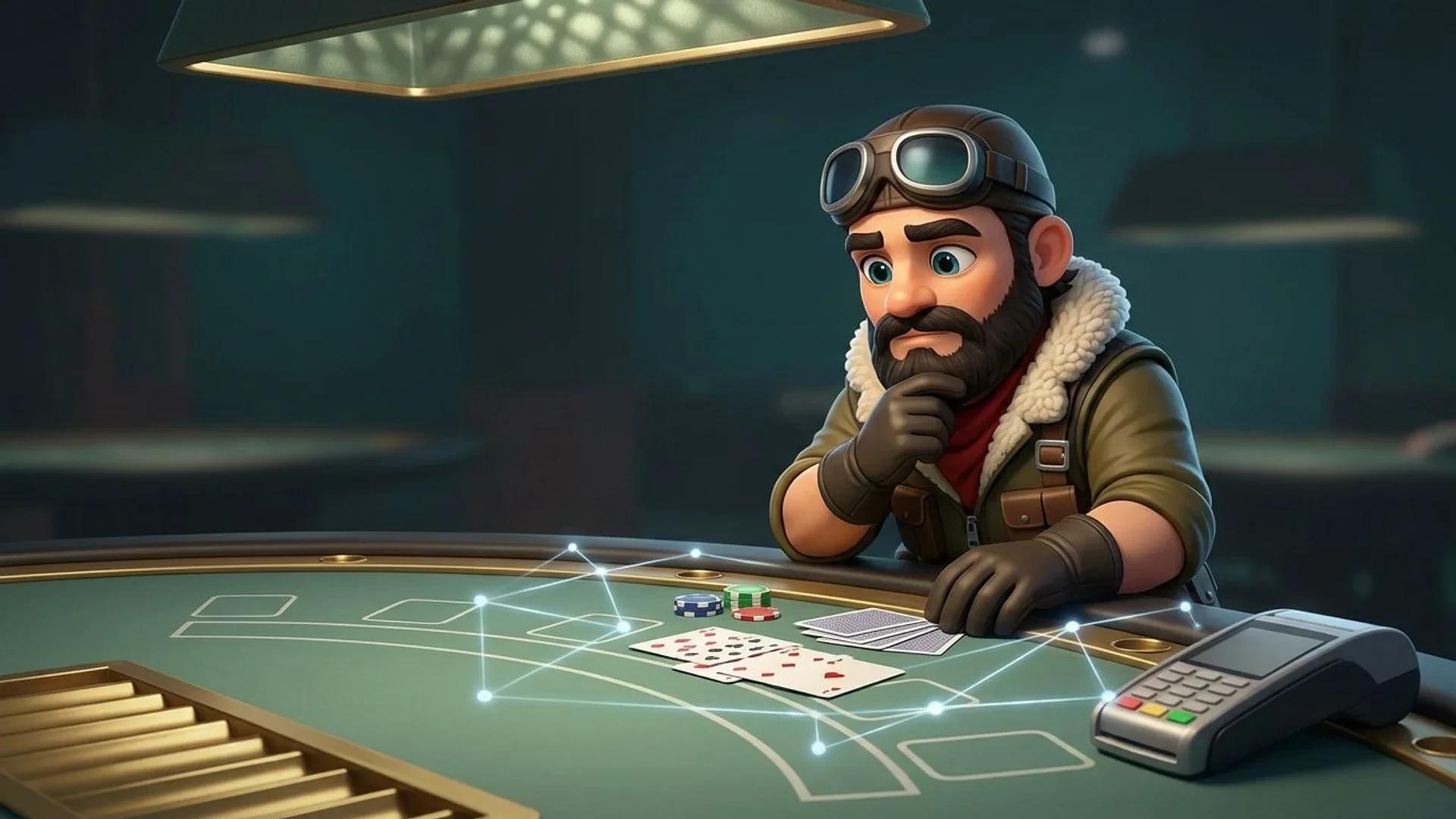 A NordicSpins mascot pauses beside a blackjack table, with a payment terminal and subtle glowing pathways suggesting secure casino transactions.