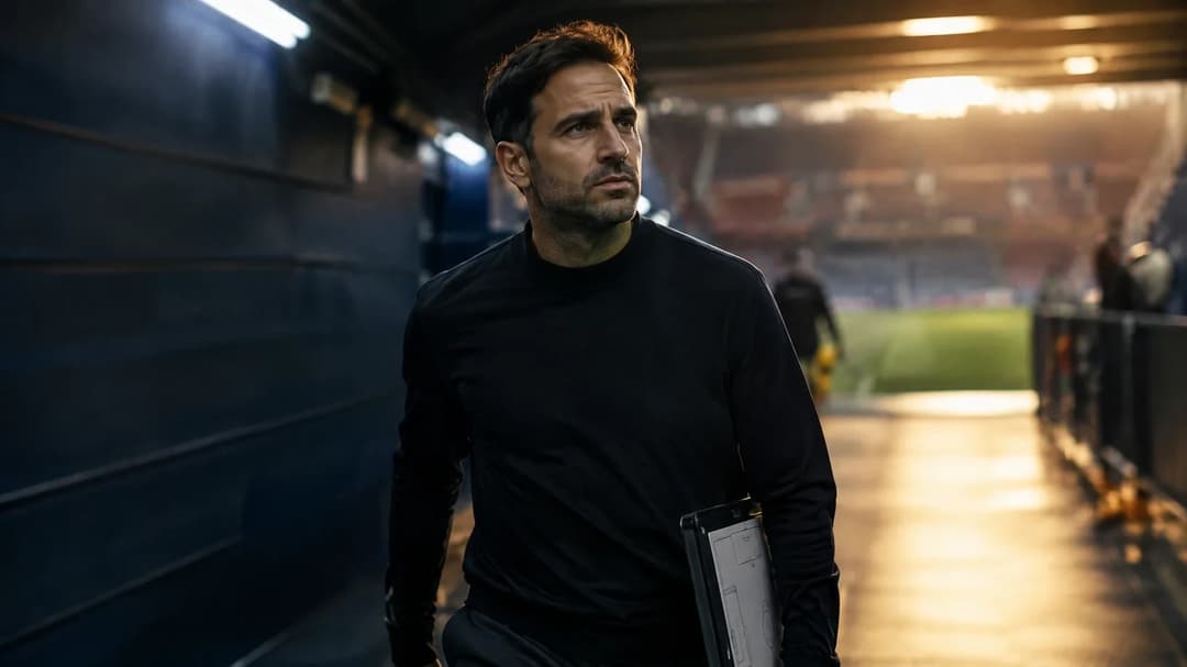 Cesc Fàbregas går fra Old Traffords tunnel mot banen med en taktikkblokk.