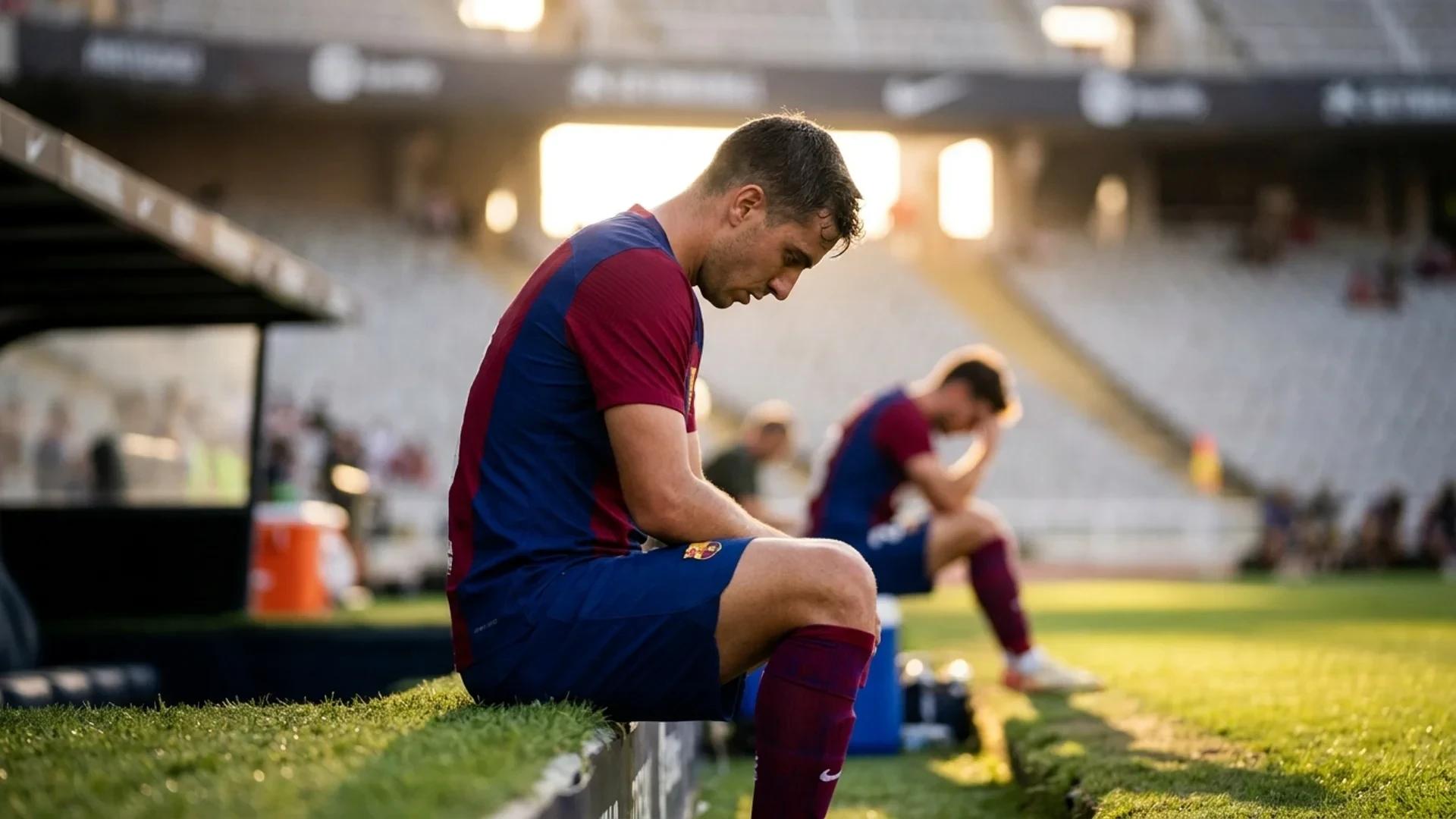 En Barcelona-spiller sitter nedslått ved sidelinjen i varmt kveldslys etter en kamp.