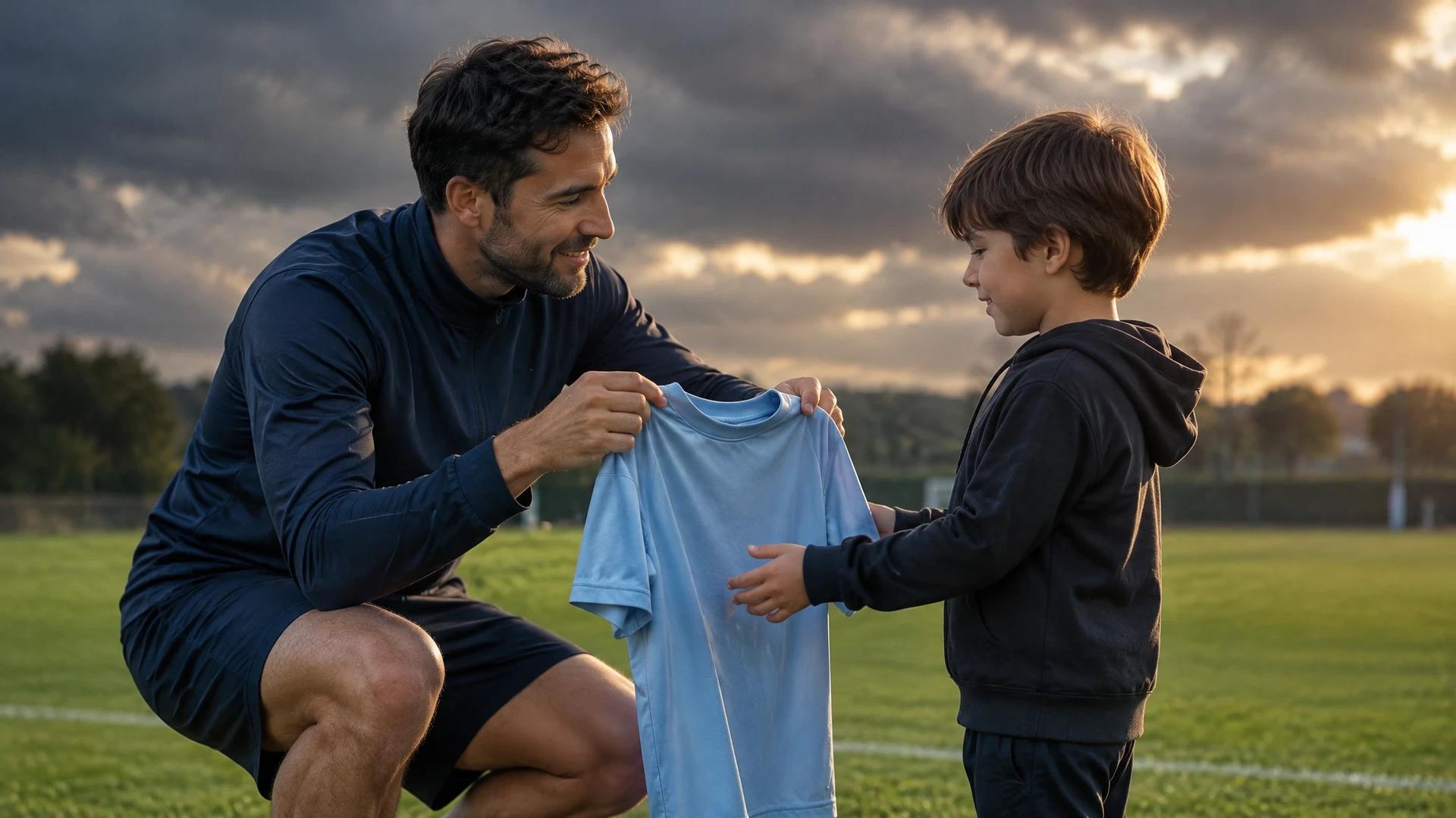 Cesc Fàbregas rekker en enkel, umerket fotballdrakt til Ciro Messi ved en treningsbane.