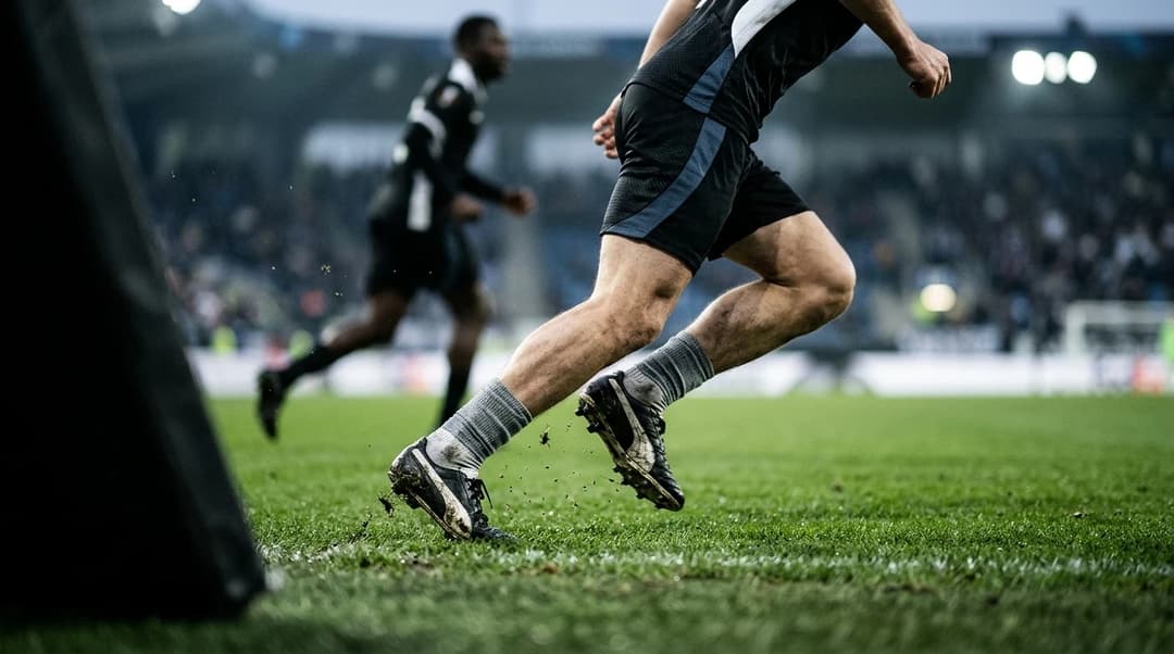 Nærbilde av en fotballspiller som akselererer over gresset i en nøytral drakt.