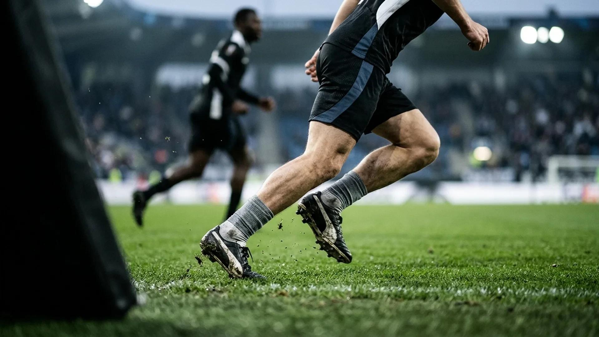 Nærbilde av en fotballspiller som akselererer over gresset i en nøytral drakt.