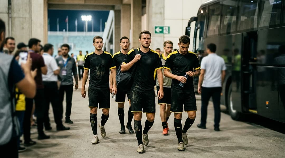 Borussia Dortmund-spillere i kampdrakter beveger seg gjennom en folkemengde etter kampen i Baku.