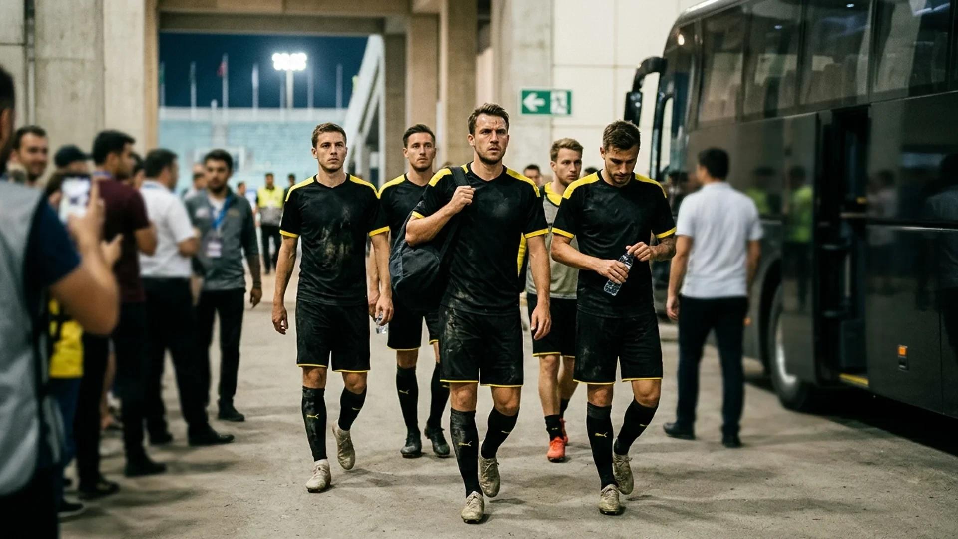 Borussia Dortmund-spillere i kampdrakter beveger seg gjennom en folkemengde etter kampen i Baku.