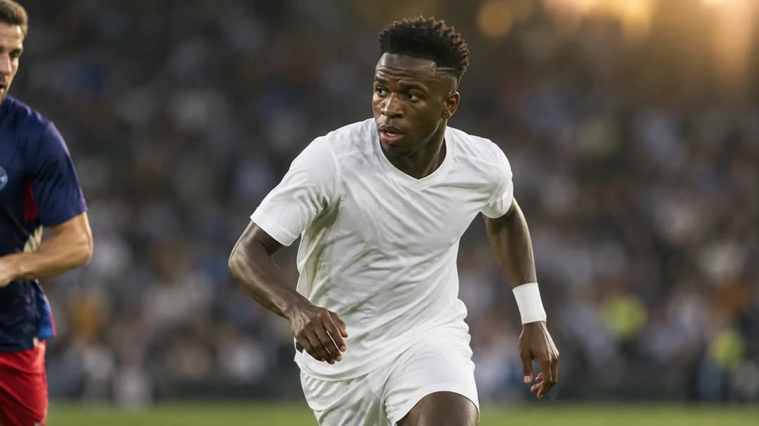Vinícius Júnior i Real Madrids drakt under en Champions League-kamp mot RB Leipzig på Santiago Bernabéu.