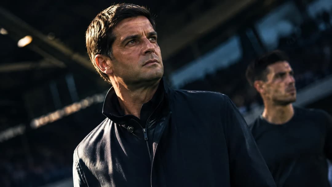 Cristian Chivu står konsentrert ved sidelinjen i et mørkt fotballstadion.