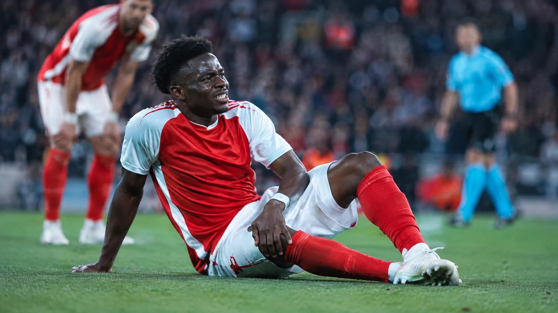 Bukayo Saka sitter på gresset og holder seg til låret under en fotballkamp.