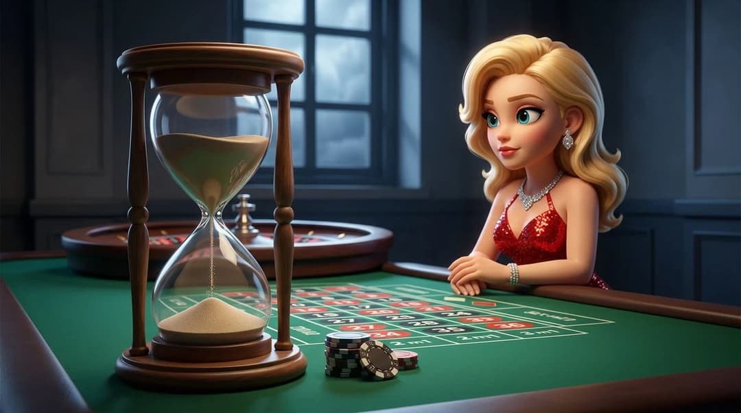 A NordicSpins mascot pauses at a roulette table beside an hourglass, illustrating a time limit on a gaming session.
