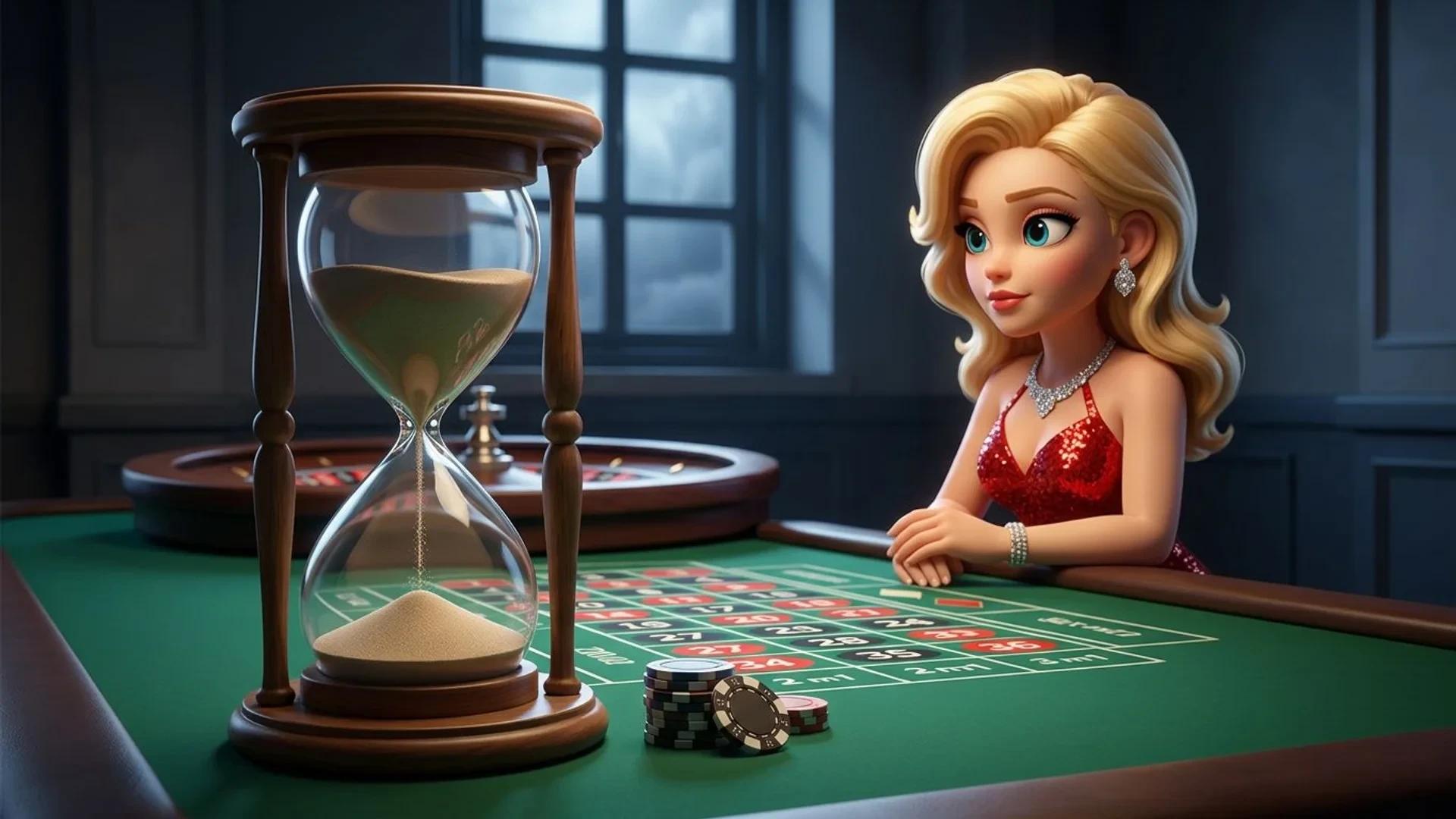 A NordicSpins mascot pauses at a roulette table beside an hourglass, illustrating a time limit on a gaming session.