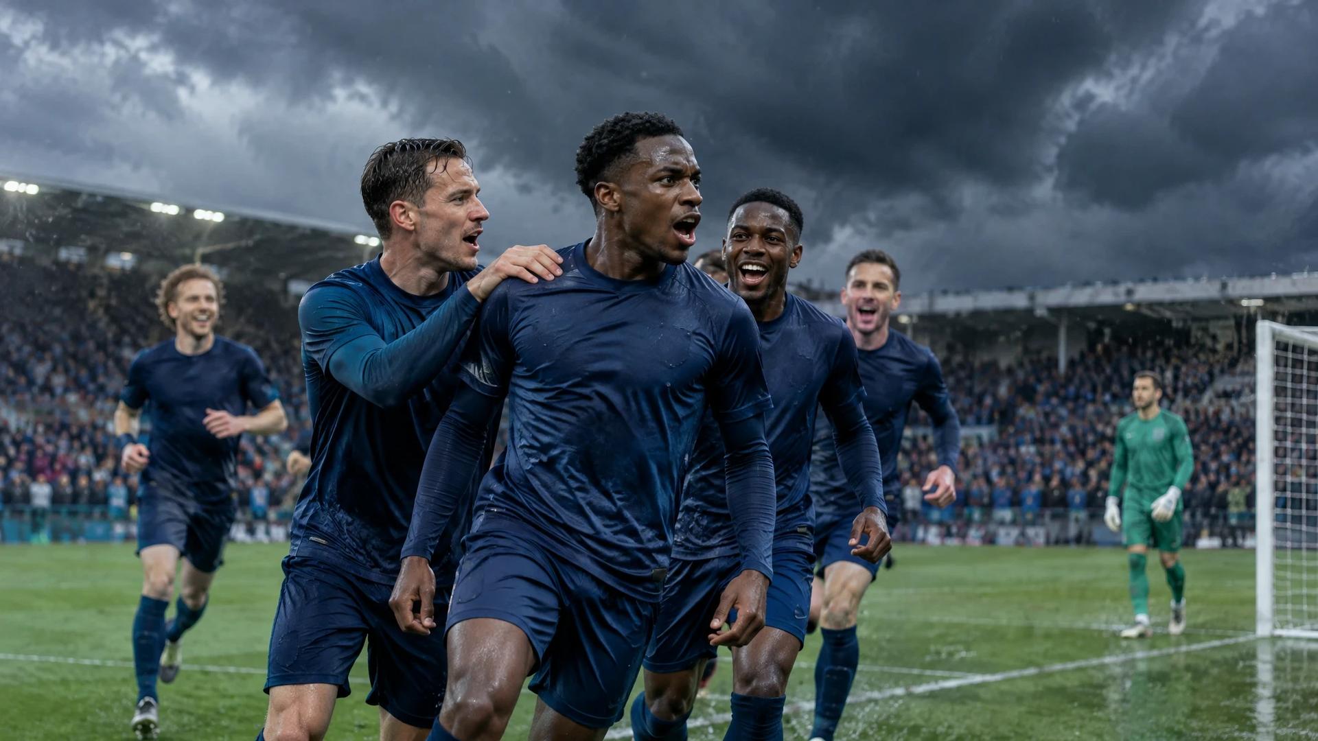 Carlos Forbs feirer sammen med Club Brugge-spillere etter en scoring, mens Yann Sommer står ved målet i bakgrunnen.