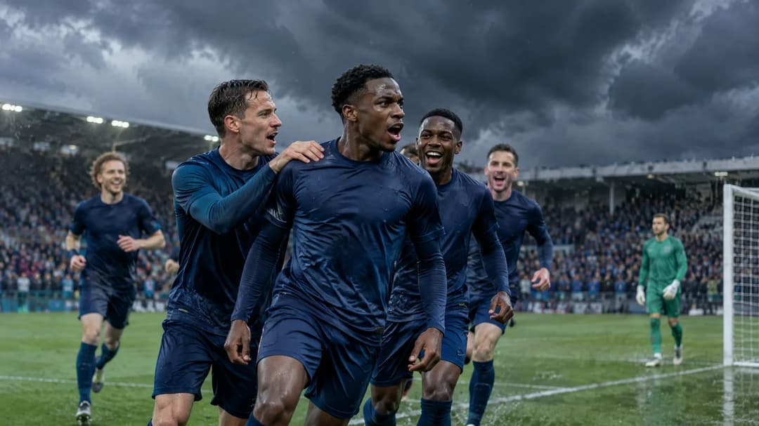 Carlos Forbs feirer sammen med Club Brugge-spillere etter en scoring, mens Yann Sommer står ved målet i bakgrunnen.