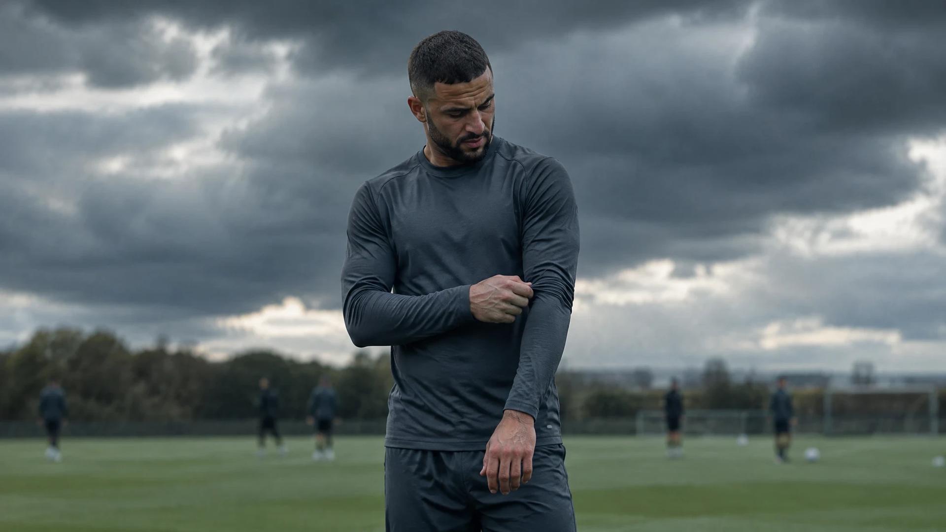 Kyle Walker står ettertenksomt på en fotballbane under mørke skyer.