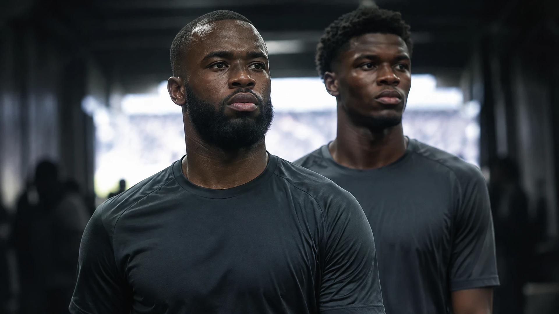 Lutsharel Geertruida og Xavier Mbuyamba står sammen i et svakt opplyst stadionmiljø.