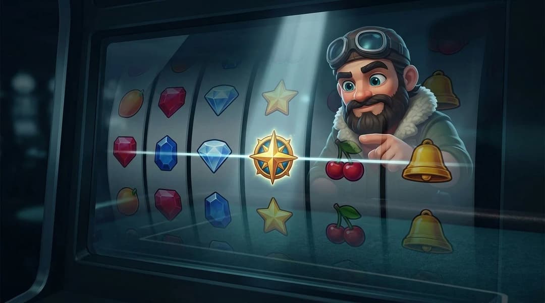 A NordicSpins mascot studies slot reels where a wild-like symbol completes a line of matching icons.
