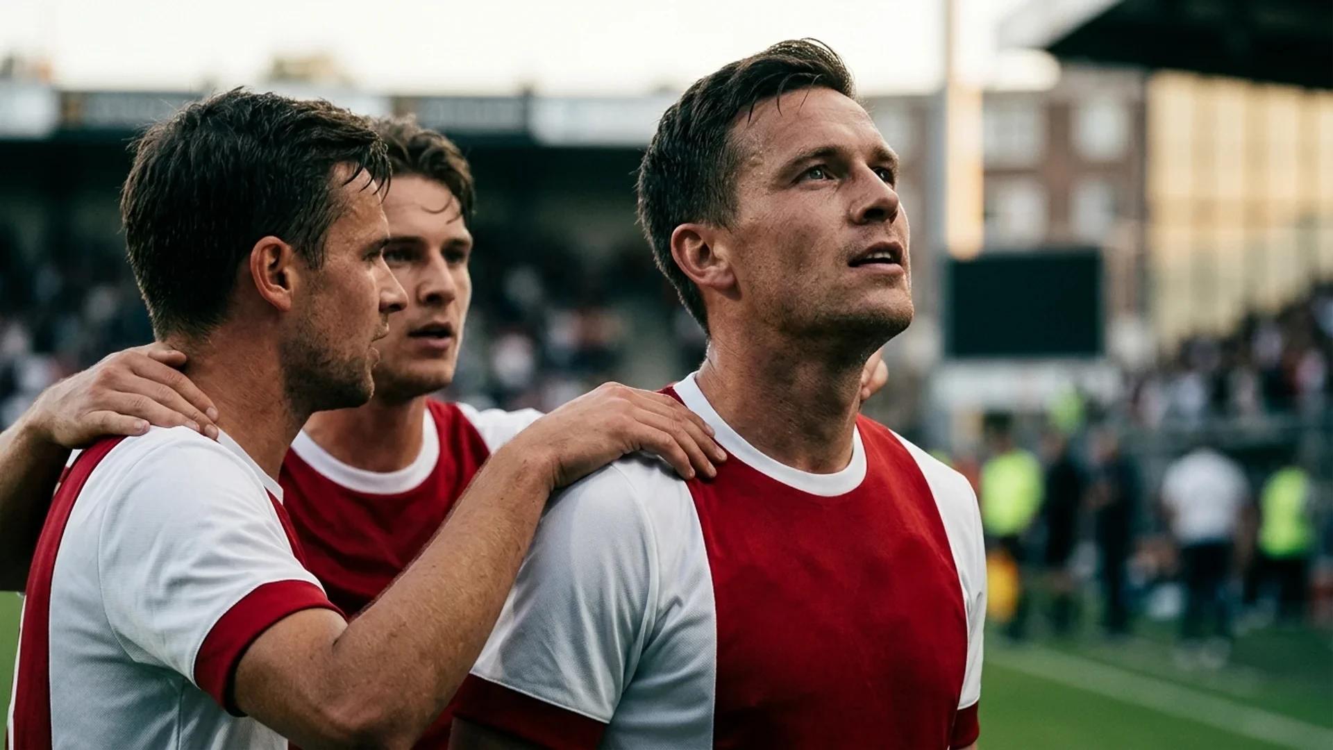 Tre fotballspillere i nøytrale drakter står samlet på banen etter en kamp.