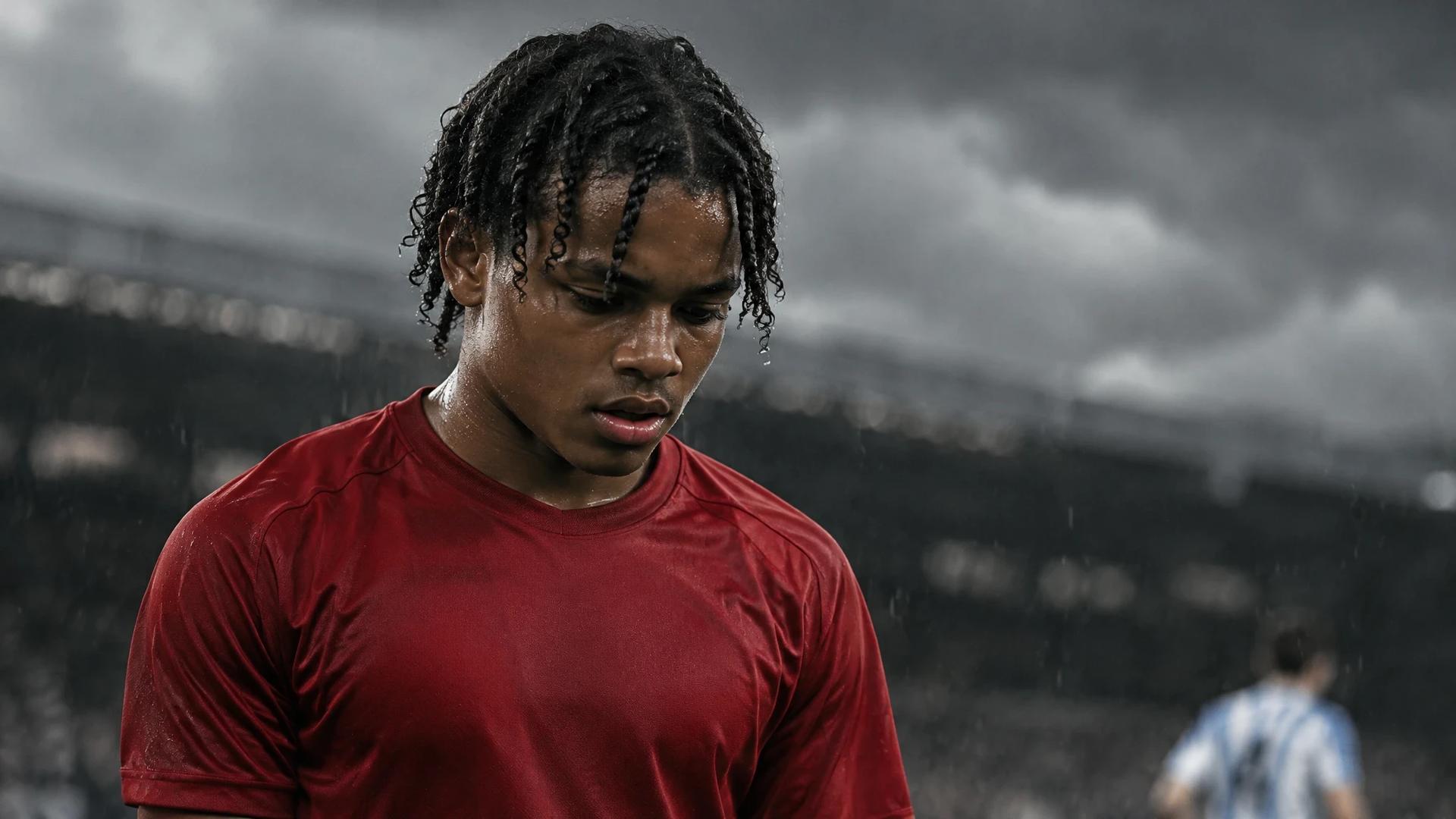 Rio Ngumoha står konsentrert på en regnvåt fotballbane i en ensfarget rød drakt.