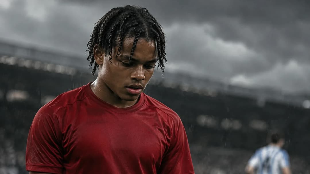 Rio Ngumoha står konsentrert på en regnvåt fotballbane i en ensfarget rød drakt.