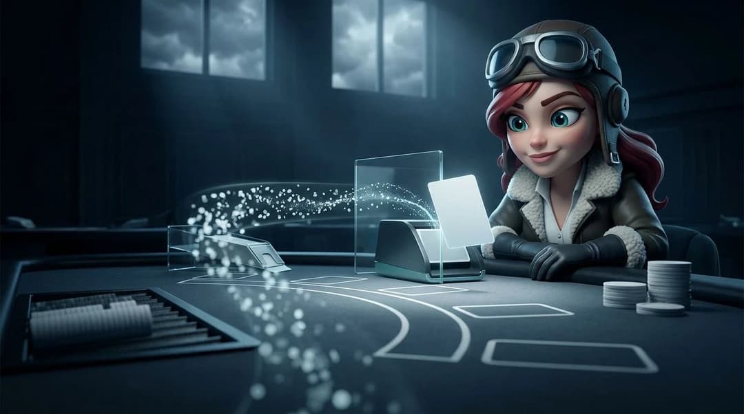A NordicSpins mascot examines a blank card at a digital blackjack table as abstract particles suggest a random number generator.