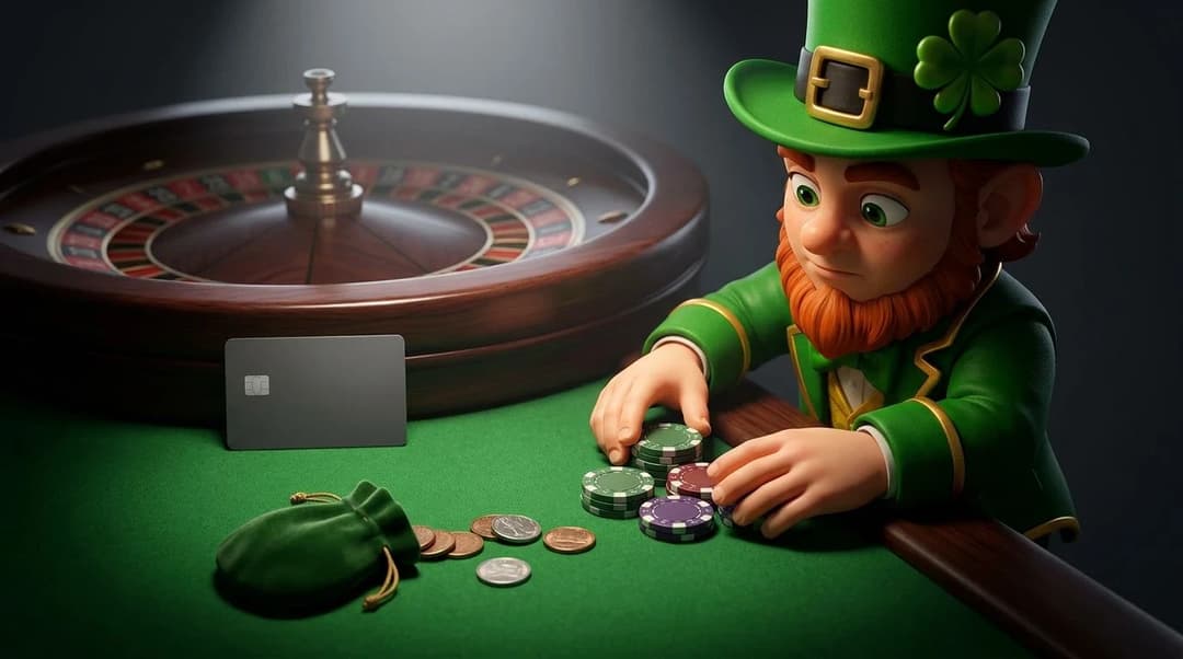 A NordicSpins mascot arranges roulette chips beside a plain bank card and coin pouch under a focused spotlight.