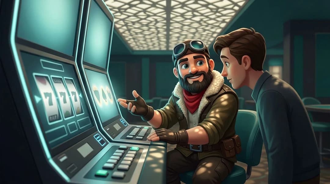 A NordicSpins mascot discusses a slot machine’s payout rhythm with another person in a softly lit casino setting.