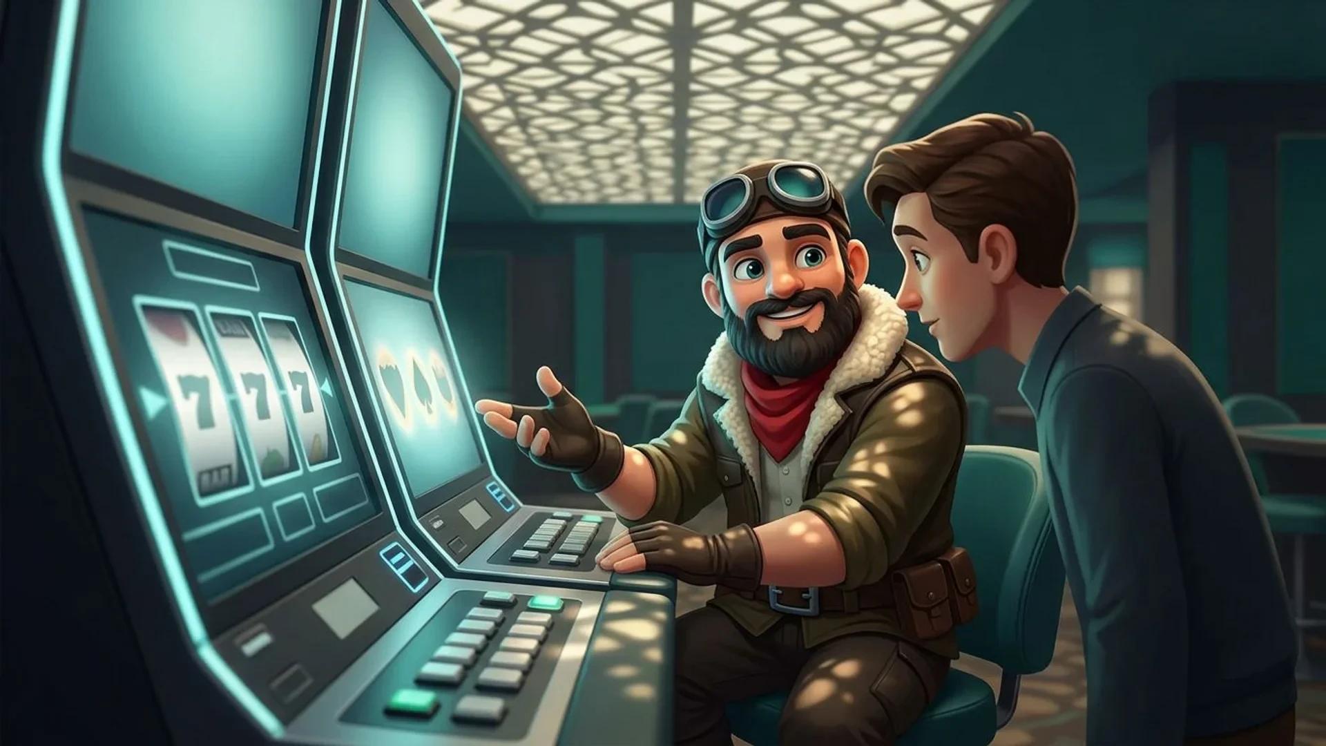 A NordicSpins mascot discusses a slot machine’s payout rhythm with another person in a softly lit casino setting.