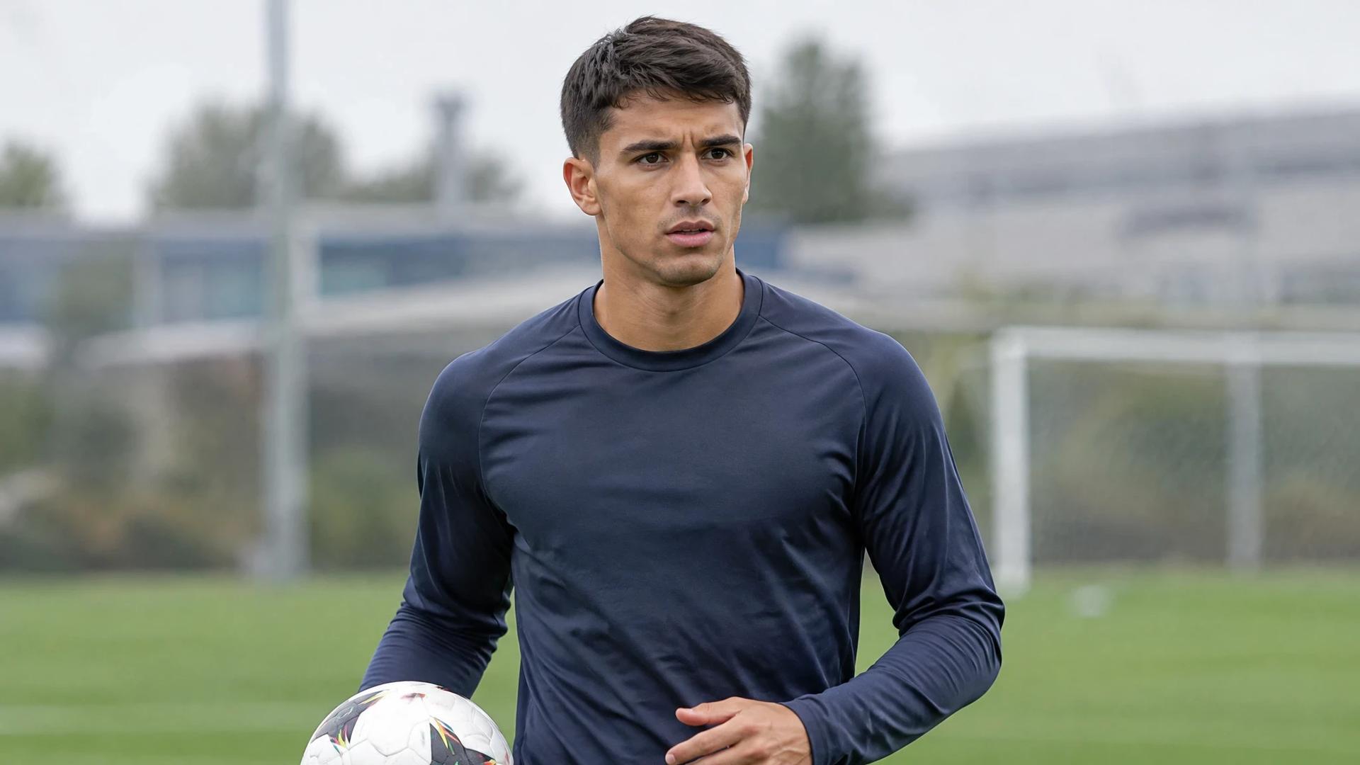 Gustavo Varela står på en fotballbane i nøytralt treningstøy med en ball ved siden av seg.