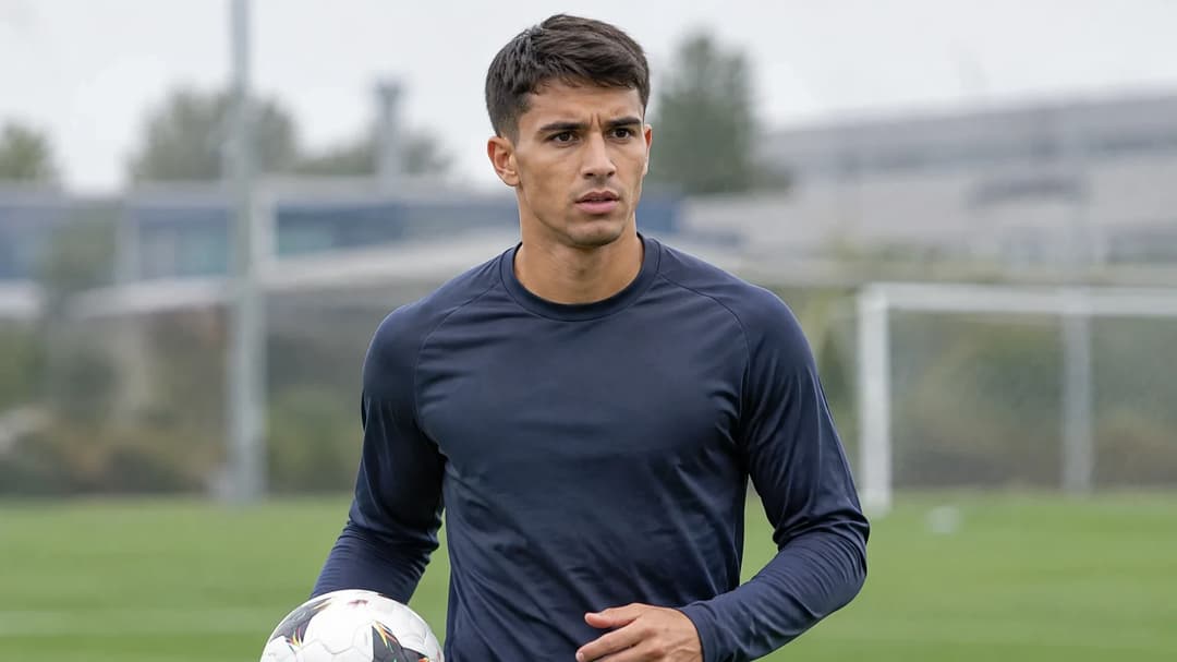 Gustavo Varela står på en fotballbane i nøytralt treningstøy med en ball ved siden av seg.