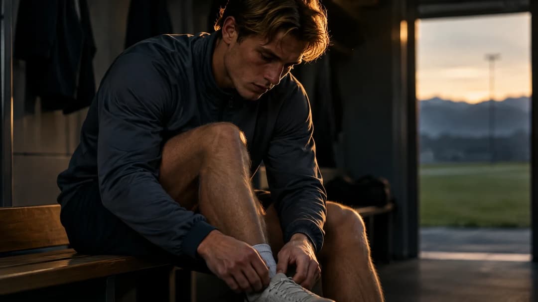 Troy Nyhammer sitter i et mørkt garderobeområde og justerer fotballskoene sine i varmt motlys.