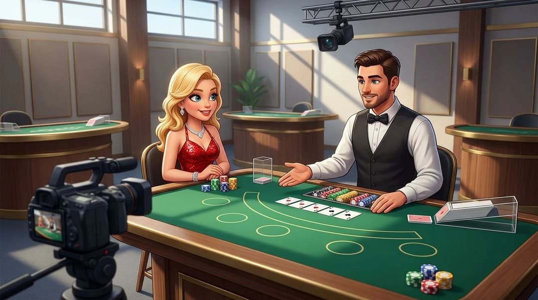 A NordicSpins mascot interacts with a live card dealer at a blackjack table in a brightly lit streaming studio.