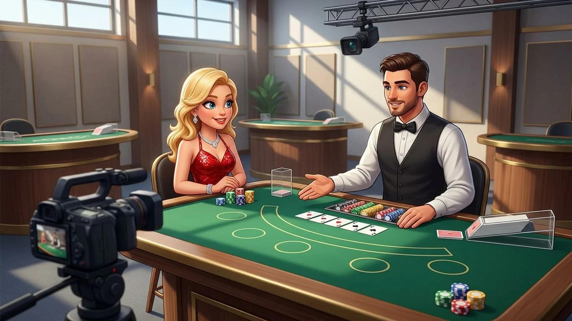 A NordicSpins mascot interacts with a live card dealer at a blackjack table in a brightly lit streaming studio.