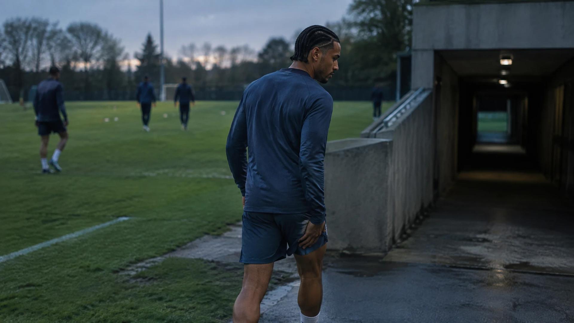 João Pedro går fra treningsbanen mot en tunnel i kjølig kveldslys.